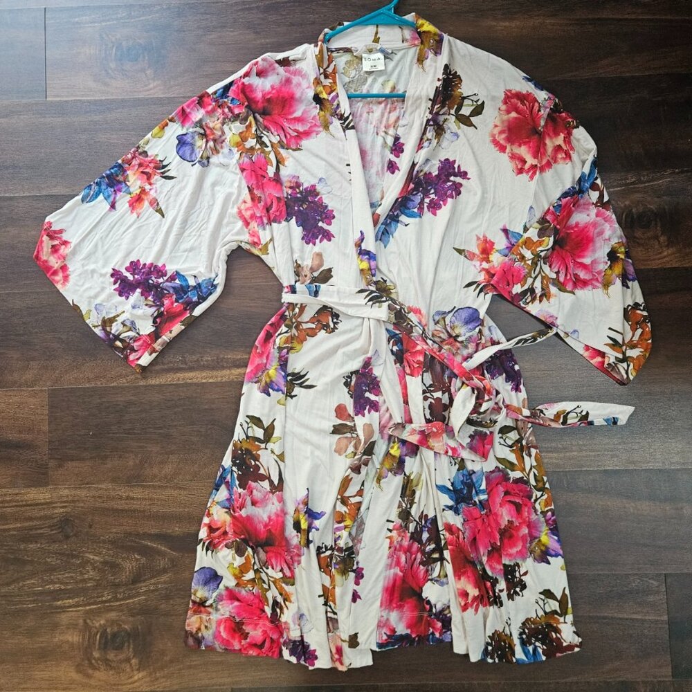Soma Short Robe Size S/M Grandiose Blooms Allover Pink Floral Belted